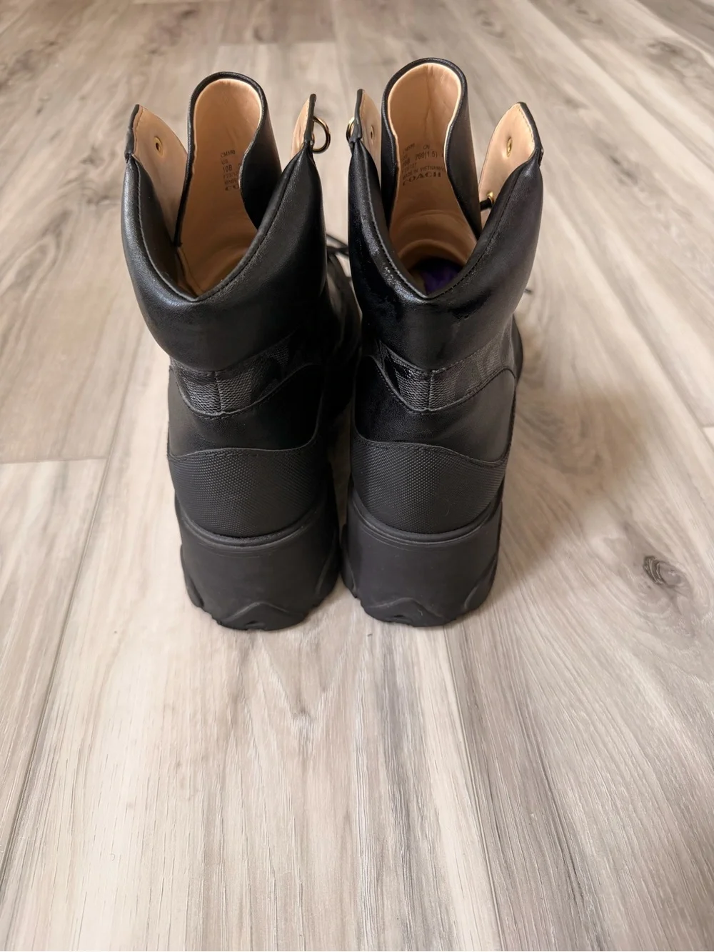 Coach CM590 Signature Combat Boots Women’s 10B Black Leather Canvas Lug Sole